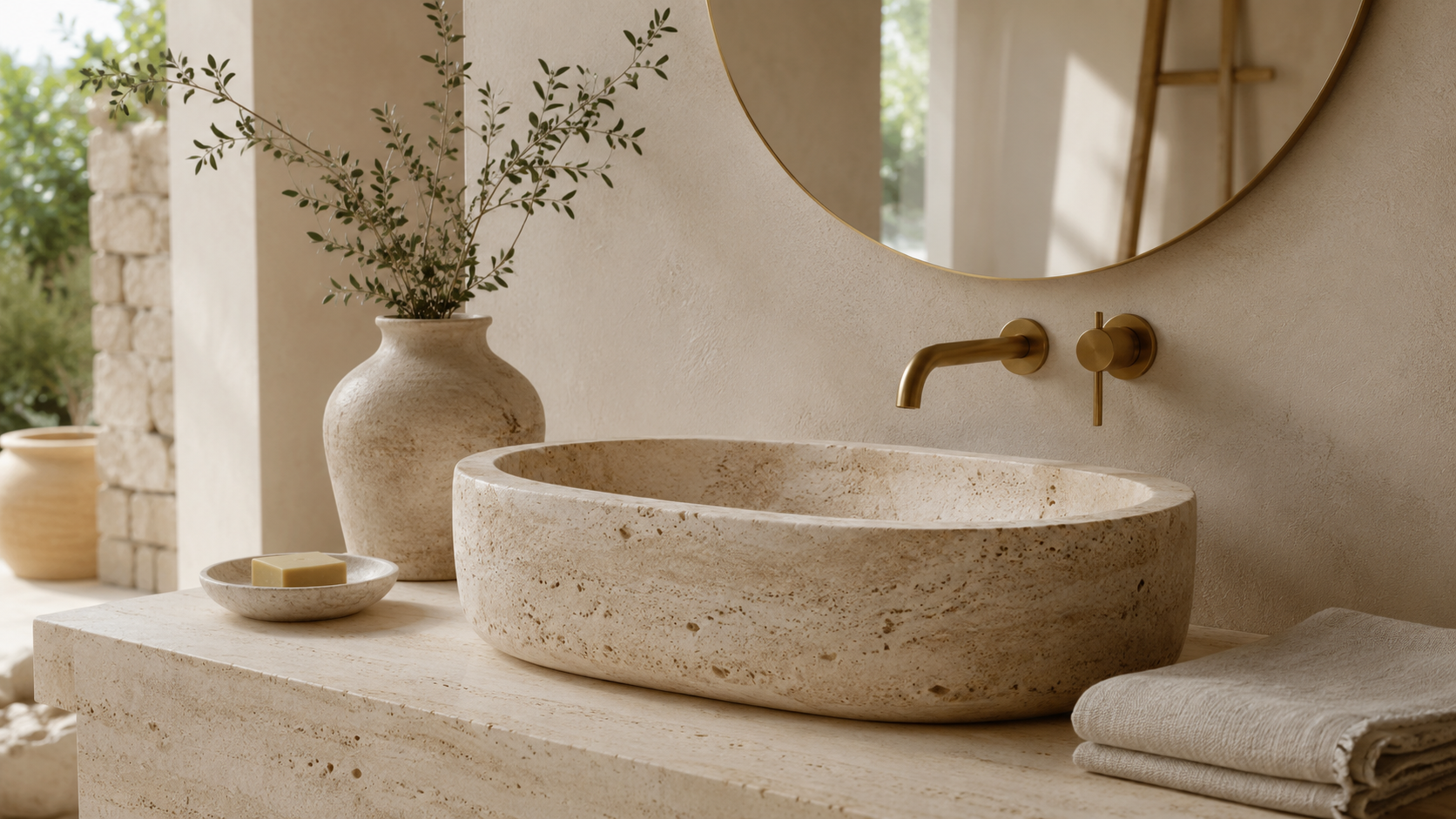 Le travertin en salle de bain : vasques et plans vasque